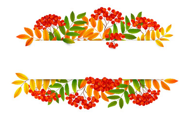 White paper horizontal banner with red rowan berries in green and orange autumn leaves frame, vector realistic illustration - obrazy, fototapety, plakaty