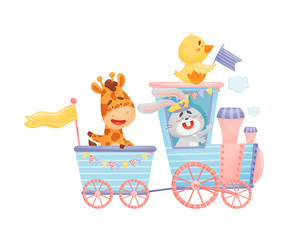 Hare, a ginger and a duckling ride on a train. Vector illustration on a white background.