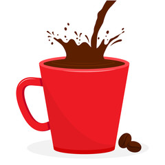 Red cup with coffee, splash beverage. Coffee beans. Vector illustration