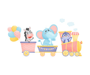 Penguin, elephant and zebra ride in a train. Vector illustration on a white background.
