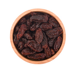 Top view of dried raisins isolated on white background.