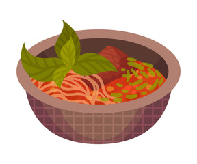 Soup with meat and noodles. Vector illustration on a white background.
