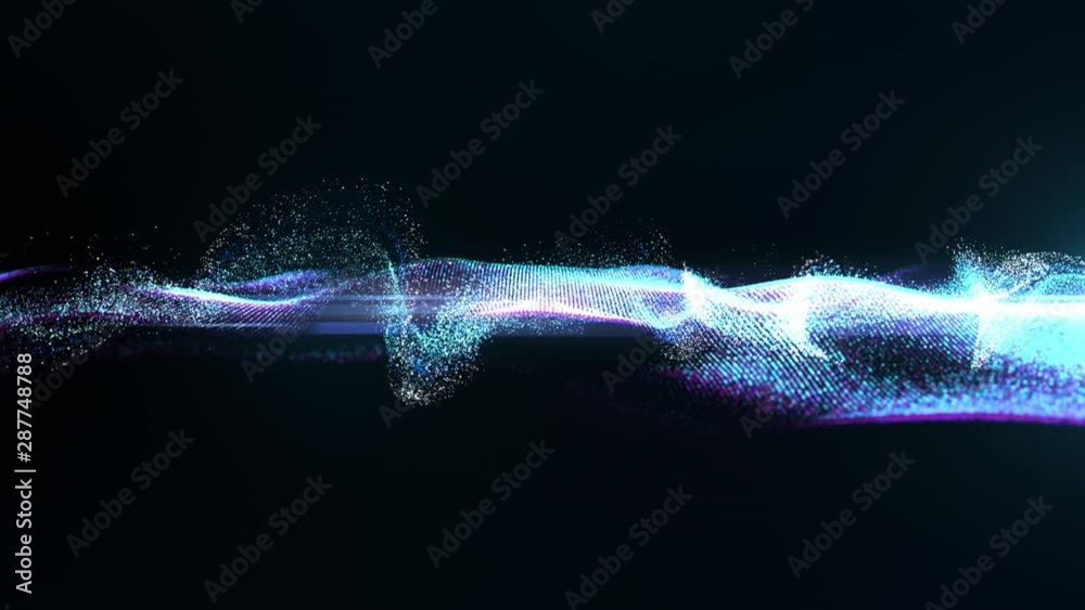 Poster Futuristic mysterious digitally generated motion graphic particles wave flowing abstract in cyber space technology de-focus background