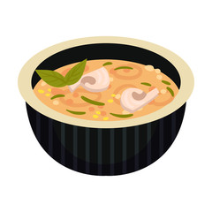 Beige cream soup with mushrooms. Vector illustration on a white background.