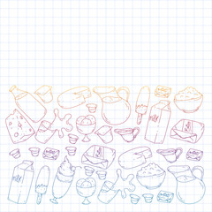 Milk, butter, cottage cheese, sour cream, cheese, yogurt, ice cream, cream. Vector pattern. Collection of dairy products.