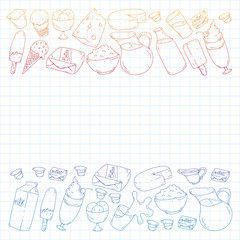 Milk, butter, cottage cheese, sour cream, cheese, yogurt, ice cream, cream. Vector pattern. Collection of dairy products.