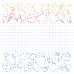 Fototapeta na wymiar Milk, butter, cottage cheese, sour cream, cheese, yogurt, ice cream, cream. Vector pattern. Collection of dairy products.