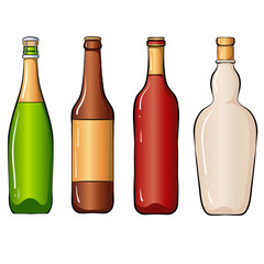 Vector illustration with various bottles for alcoholic drinks. Set isolated on a white background