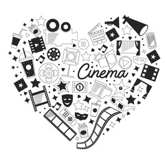 Vector pattern with cinema icons. Movie Theater, TV, popcorn, video clips, musical