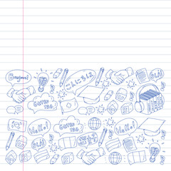 Vector pattern for language class, online courses. English, arabic, italian, japanese, spanish, chinese, german.