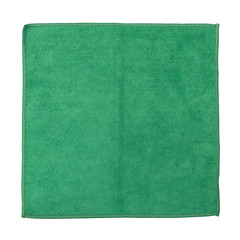 Top view of a green microfiber cleaning cloth on a white background
