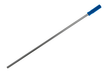 Straight stainless steel metal straw with a blue silicone straw tip on a white background