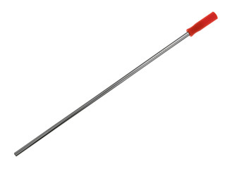 Straight stainless steel metal straw with an orange silicone straw tip on a white background