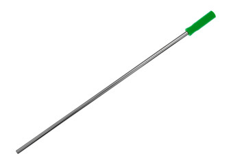 Straight stainless steel metal straw with a green silicone straw tip on a white background