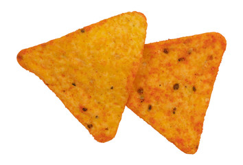 Cheese flavored tortilla chips on a white background