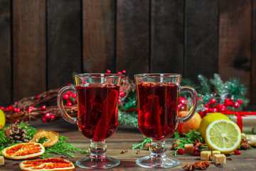 mulled wine, fragrant drink and festive mood atmosphere - concept New Year, Christmas. food background. copy space