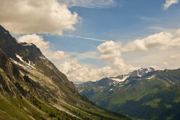 Scenic view of mountain peaks of the Mont Blanc massif in the Italian Alps in summer, Courmayeur, Aosta Valley, Italy