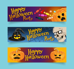 Happy Halloween banners set. Standard web design size. Collection of vector illustrations. Pumpkin, skull, witches hat, candies.