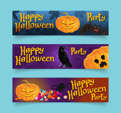 Happy halloween banners. Set of vector design elements. Standard web design size. Trick or treat. Pumpkin, bat, raven, candies.