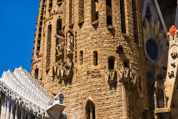 Barcelona, Spain – 2019. Detail view of Sagrada Familia in Barcelona, Catalonia.