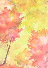 Watercolor autumn trees of yellow, red, orange color. Autumn forest. Watercolor art background with capacitance for your lettering or text. Beautiful splash of paint. Abstract creative background.