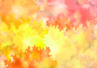 Fototapeta na wymiar Watercolor autumn trees of yellow, red, orange color. Autumn forest. Watercolor art background with capacitance for your lettering or text. Beautiful splash of paint. Abstract creative background.