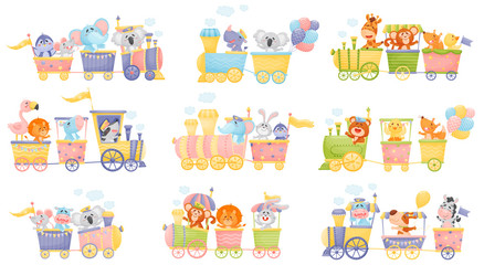 Set of trains and cars with animals. Vector illustration on a white background.