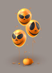 Obraz premium Happy Halloween holiday flyer. Vector illustration realistic orange air balloons with scary smiles. Halloween festive background with pumpkin and confetti.