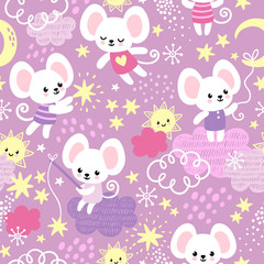 Vector seamless pattern with a cute little mouse who sits on the clouds.