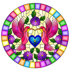 Illustration in stained glass style with a pair of hummingbirds, flowers and a heart ,oval image in bright frame
