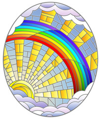 Obraz premium Illustration in stained glass style sun ,rainbow and clouds on blue sky background, oval image 