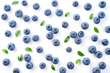 Blueberry isolated. Blueberries background. Blueberry on white background. With leaves.