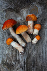 fresh mushrooms on wooden surface