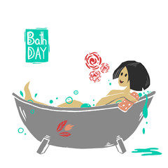 The brunette girl in a bath. Illustration about hygiene and caring for body. Cartoon flat style. Happy character.