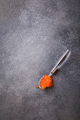 Salmon  Red Caviar in a white plate on a dark background. Healthy Food Concept. Snack.Copy space for Text.Seafood.