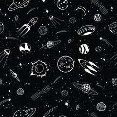 Seamless Collection of cartoons outer space objects set design over black background © Svetlana Radayeva