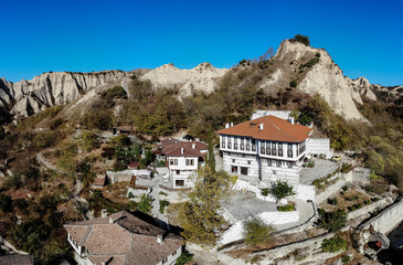 Fototapeta na wymiar Aerial view to Melnik,the smallest town in Bulgaria with sand pyraminds and old house.