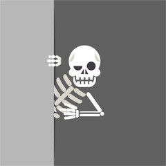 Skeleton cartoon bone support help consultation advice promotion looking out corner character halloween solution flat design vector illustration