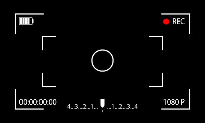 Camera frame. Interface viewfinder. Screen of video recorder digital display on black background. 