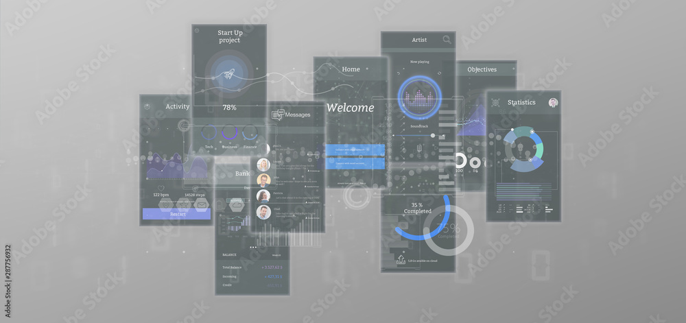Poster user interface screens with icon, stats and data 3d rendering
