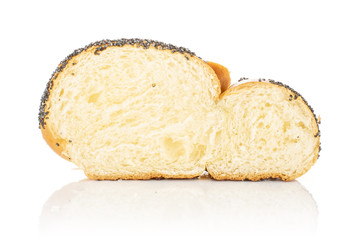 One slice of twisted poppy seed bun cross section isolated on white background