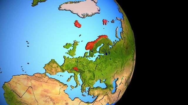 Closing in on EFTA countries on political 3D globe with topography. 3D illustration.