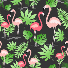 Fototapeta premium A seamless pattern with hand drawn a pink flamingo and tropical leaves - Vector