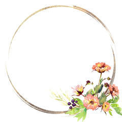 Wedding frame wreath bridal romanric rustic warm bouquet. Hand drawing watercolor pink and purple and orange flowers ornament