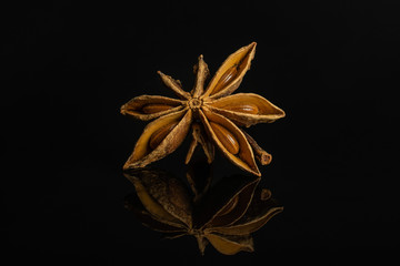 One whole dry brown star anise illicium verum isolated on black glass