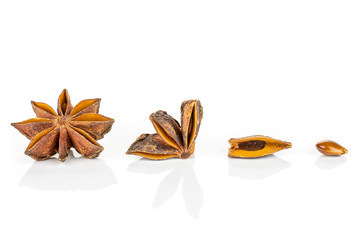 Group of one whole one quarter two pieces of dry brown star anise illicium verum isolated on white background