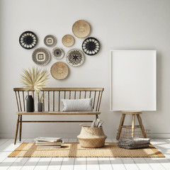mock up poster frame in modern interior background, living room with wall baskets, boho style, 3D render, 3D illustration
