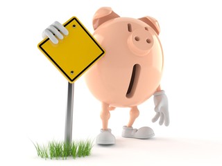 Piggy bank character with blank road sign