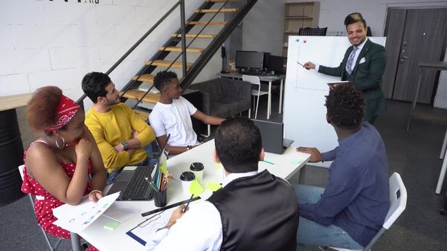 The General Manager presents the project to a group of colleagues. Meeting of managers in an international business company