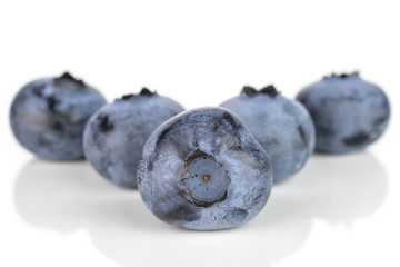 Group of five whole fresh blue bilberry isolated on white background